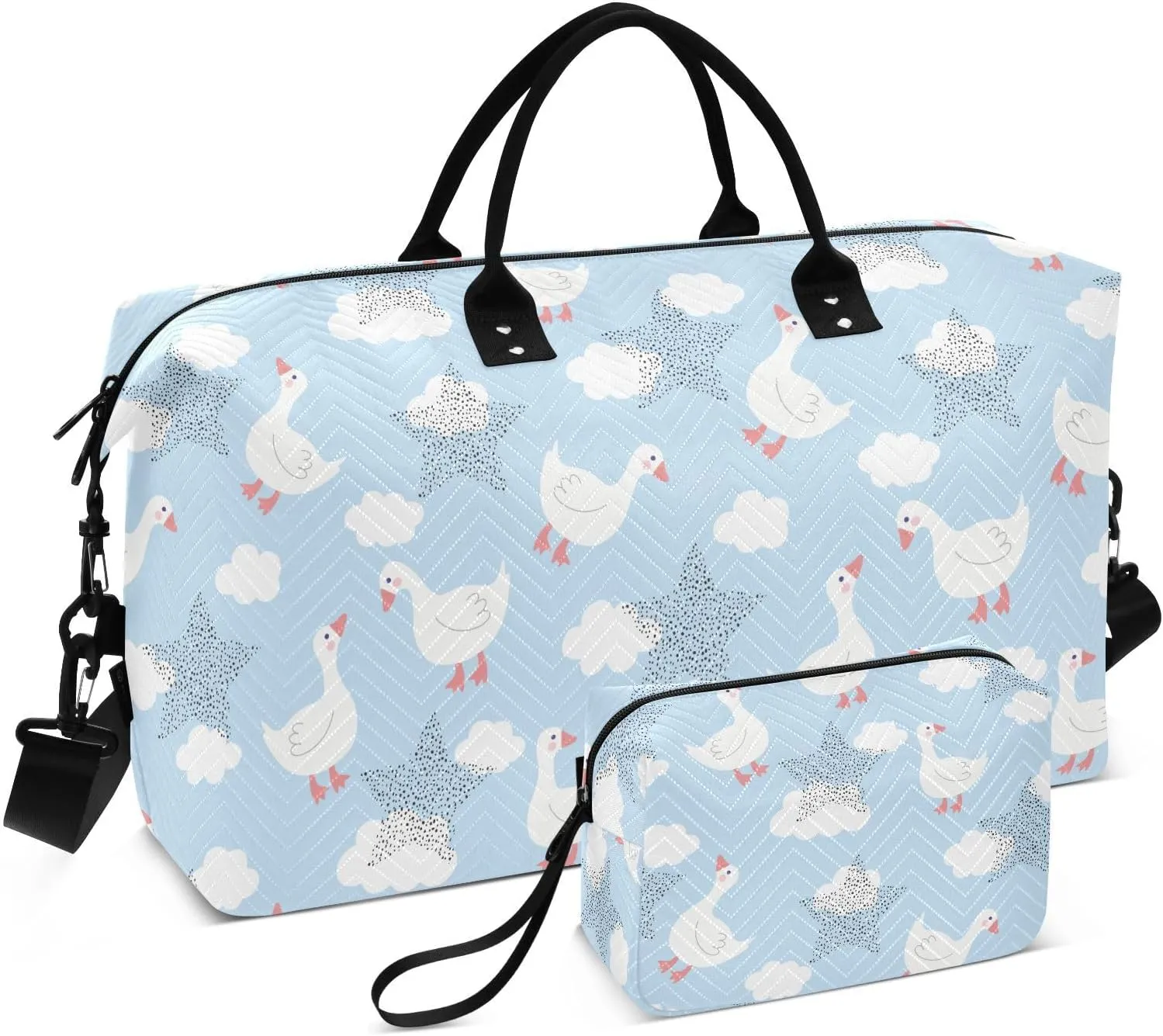 VIGTRO Travel Duffel Bag Weekender Overnight Bag with Toiletry Bag Cute Goose on A Blue Sky Printed, Carry On Luggage Bag for Hospital Gym Travel Business, 2 Pcs Set
