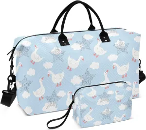 VIGTRO Travel Duffel Bag Weekender Overnight Bag with Toiletry Bag Cute Goose on A Blue Sky Printed, Carry On Luggage Bag for Hospital Gym Travel Business, 2 Pcs Set