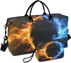 VIGTRO Travel Duffel Bag Weekender Overnight Bag with Toiletry Bag Fire and Ice Design Printed, Carry On Luggage Bag with Spark for Hospital Gym Travel Business, 2 Pcs Set