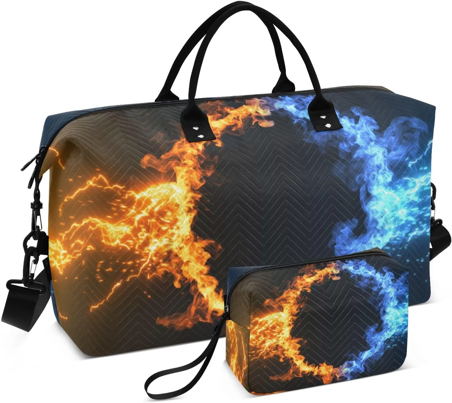 VIGTRO Travel Duffel Bag Weekender Overnight Bag with Toiletry Bag Fire and Ice Design Printed, Carry On Luggage Bag with Spark for Hospital Gym Travel Business, 2 Pcs Set