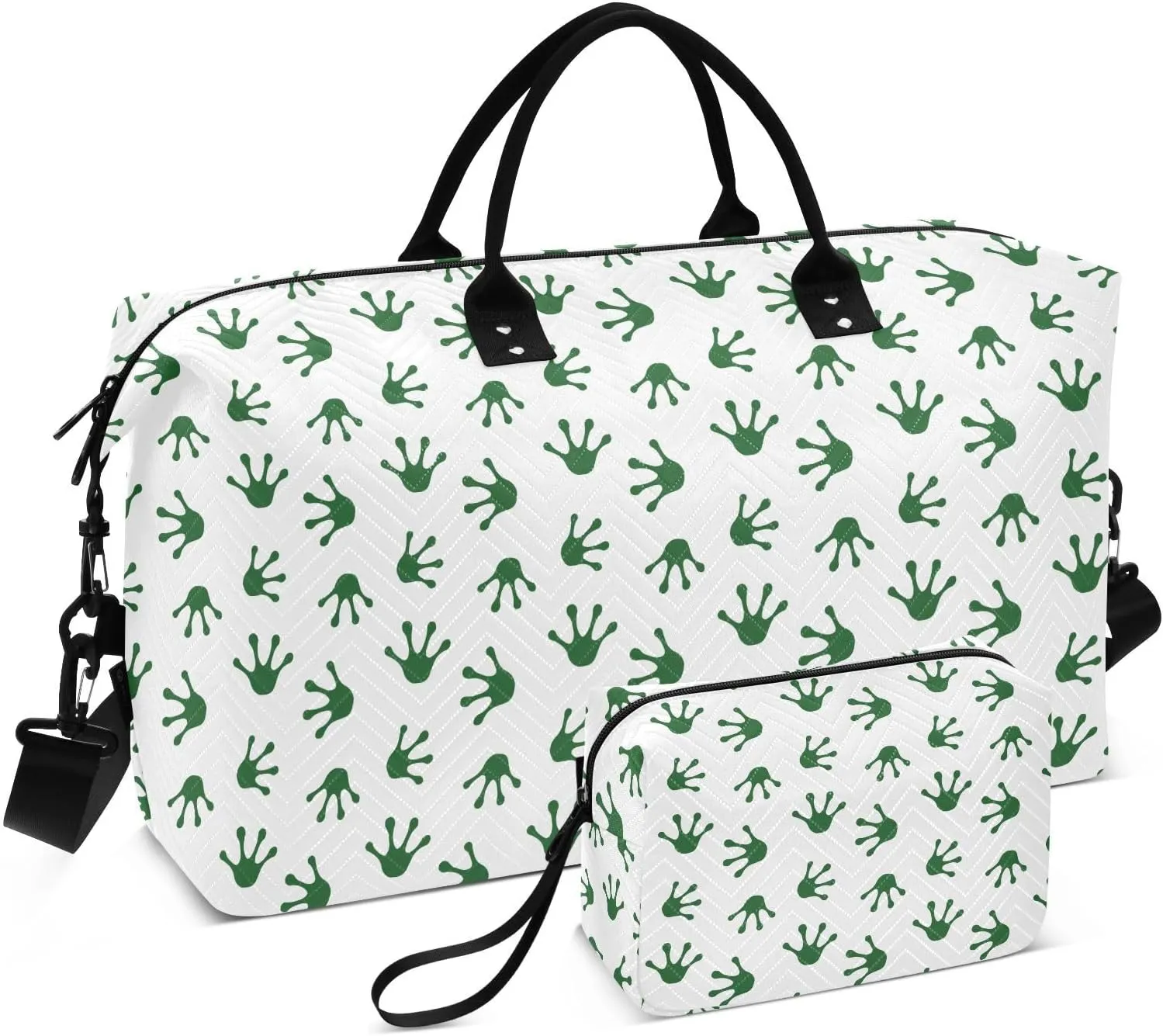 VIGTRO Travel Duffel Bag Weekender Overnight Bag with Toiletry Bag Green Frog Paw Footprint Printed, Carry On Luggage Bag Hand Drawn for Hospital Gym Travel Business, 2 Pcs Set