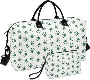 VIGTRO Travel Duffel Bag Weekender Overnight Bag with Toiletry Bag Green Frog Paw Footprint Printed, Carry On Luggage Bag Hand Drawn for Hospital Gym Travel Business, 2 Pcs Set