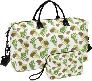 VIGTRO Travel Duffel Bag Weekender Overnight Bag with Toiletry Bag Kiwi Bird and Ferns Printed, Carry On Luggage Bag for Hospital Gym Travel Business, 2 Pcs Set