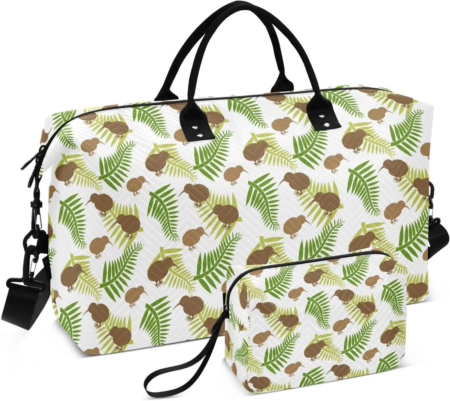 VIGTRO Travel Duffel Bag Weekender Overnight Bag with Toiletry Bag Kiwi Bird and Ferns Printed, Carry On Luggage Bag for Hospital Gym Travel Business, 2 Pcs Set