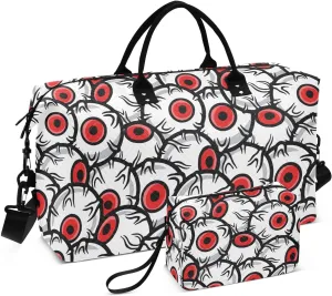 VIGTRO Travel Duffel Bag Weekender Overnight Bag with Toiletry Bag Scary Horrible Eye Balls Printed, Carry On Luggage Bag for Hospital Gym Travel Business, 2 Pcs Set