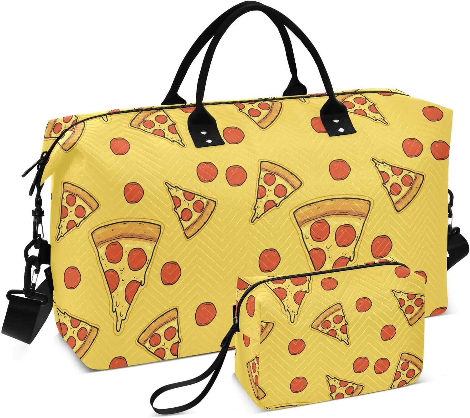 VIGTRO Travel Duffel Bag Weekender Overnight Bag with Toiletry Bag Sliced Pizza with Cheese Printed, Carry On Luggage Bag Food for Hospital Gym Travel Business, 2 Pcs Set
