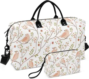 VIGTRO Travel Duffel Bag Weekender Overnight Bag with Toiletry Bag Spring Blossom Pattern Printed, Carry On Luggage Bag Cute Sparrow Birds for Hospital Gym Travel Business, 2 Pcs Set