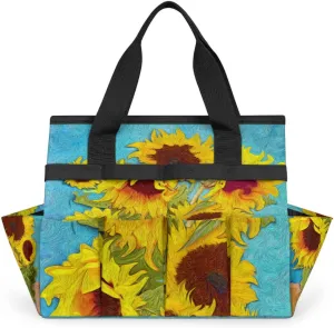 Vintage Drawing Sunflower Garden Tool Bag Waterproof Gardening Tool Storage Bag with Handle & 10 Pockets Gardening Tote Bag for Women Garden Tool Organizer