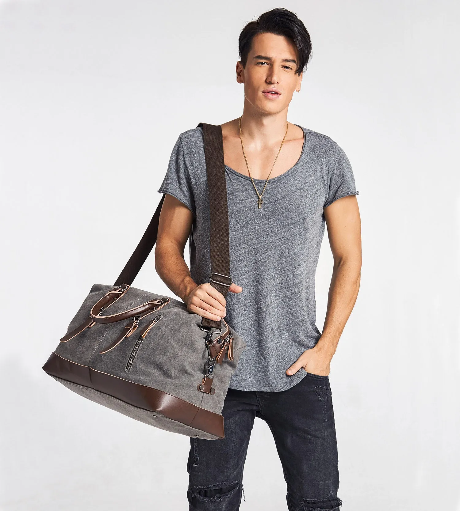 Vintage Duffle Bag Travel Tote Canvas PU Leather Carry On Weekender Overnight Bag