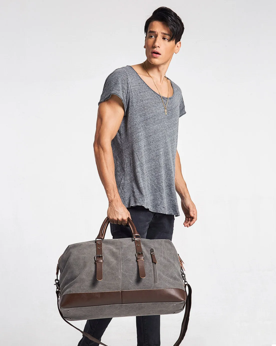 Vintage Duffle Bag Travel Tote Canvas PU Leather Carry On Weekender Overnight Bag