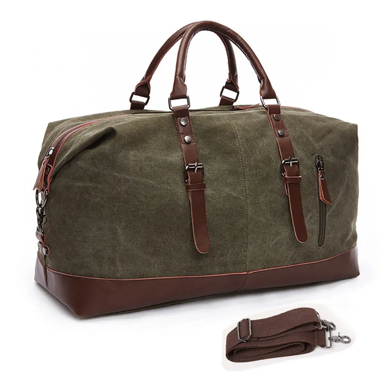 Vintage Duffle Bag Travel Tote Canvas PU Leather Carry On Weekender Overnight Bag