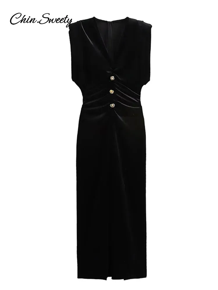 Vintage Elegant V-neck Pleat Dress Party For Sleeveless Long Velvet Women High Attractive Gown Dresses Button Compact Evening Metal 2025 Lady Waist