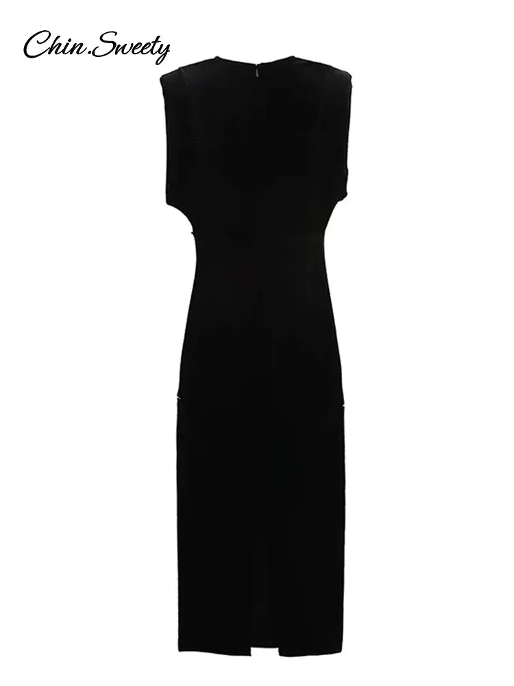 Vintage Elegant V-neck Pleat Dress Party For Sleeveless Long Velvet Women High Attractive Gown Dresses Button Compact Evening Metal 2025 Lady Waist