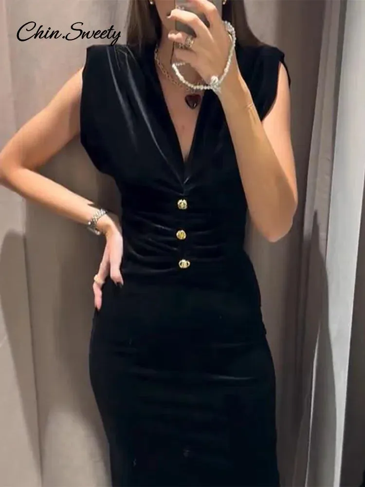 Vintage Elegant V-neck Pleat Dress Party For Sleeveless Long Velvet Women High Attractive Gown Dresses Button Compact Evening Metal 2025 Lady Waist