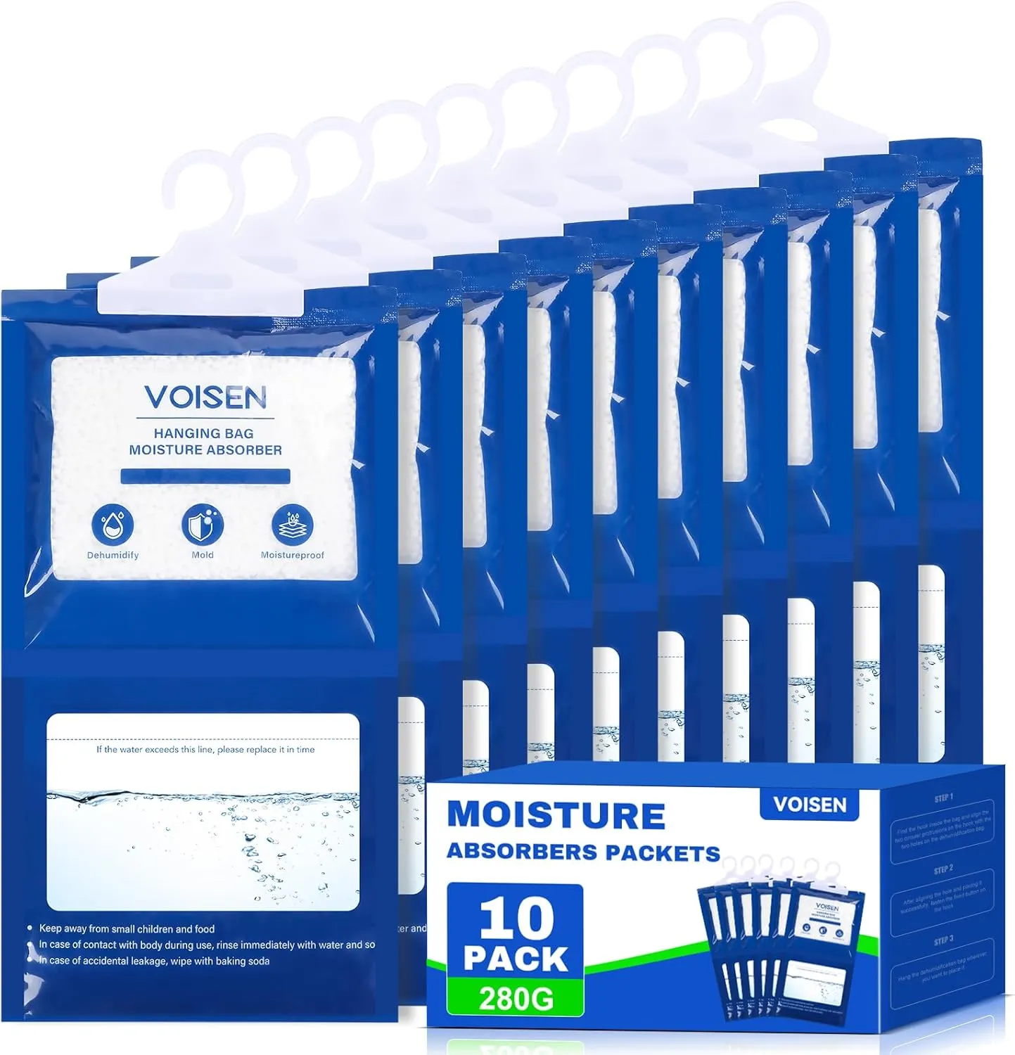VOISEN Moisture Absorbers,10 Pack Hanging Closet Dehumidifier Bags, Unscented Humidity Absorber,Moisture Bags Hanging for Bathroom(280g/pack)