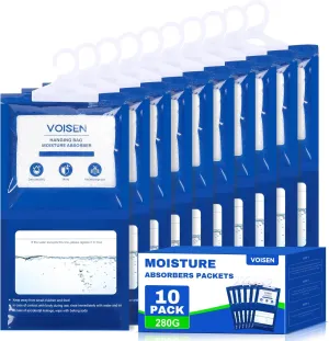 VOISEN Moisture Absorbers,10 Pack Hanging Closet Dehumidifier Bags, Unscented Humidity Absorber,Moisture Bags Hanging for Bathroom(280g/pack)