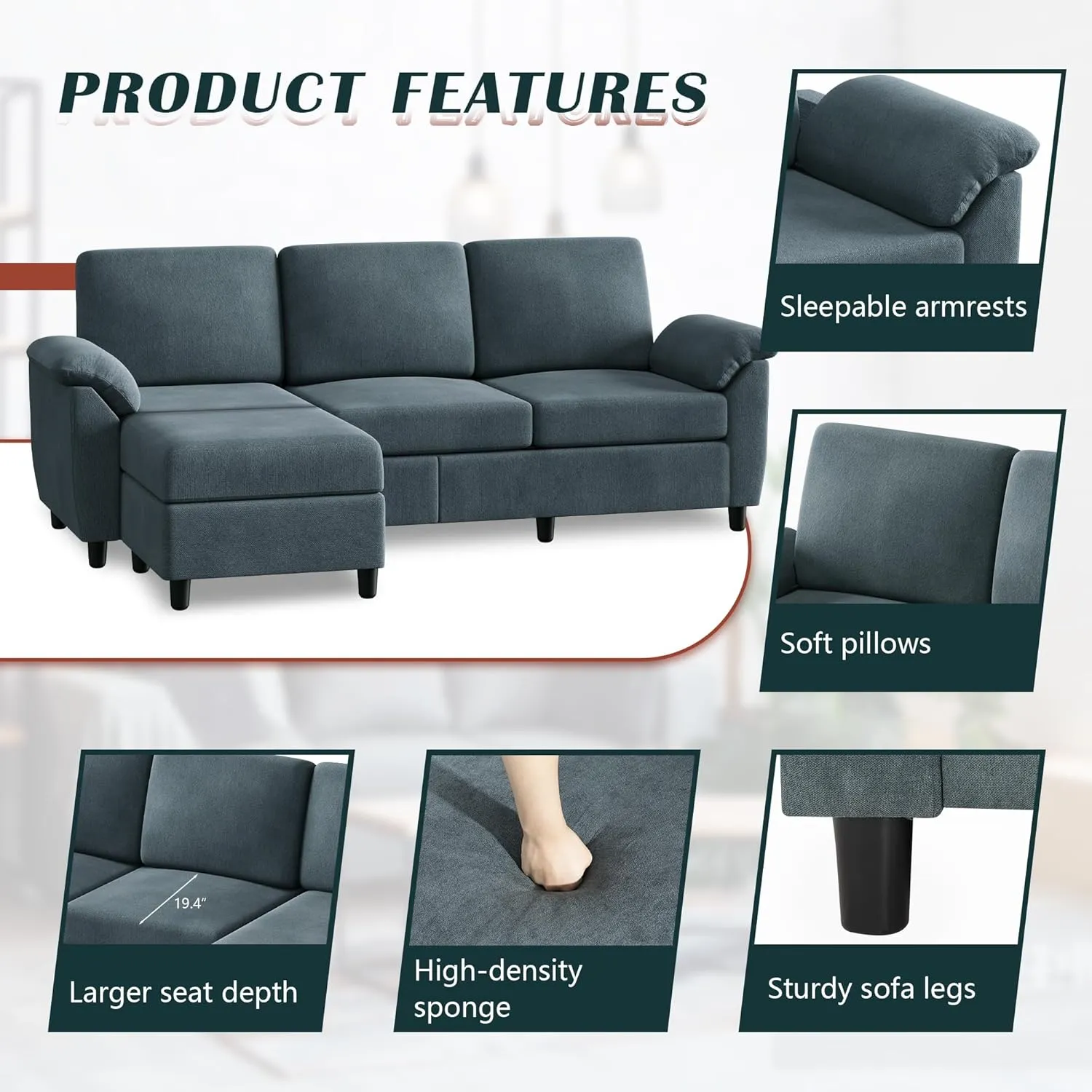 Vongrasig 79" Convertible Sectional Sofa Couch, 3 Seat L Shaped Sofa with Removable Pillows Linen Fabric Small Couch Mid Century for Living Room, Apartment and Office (Gray)