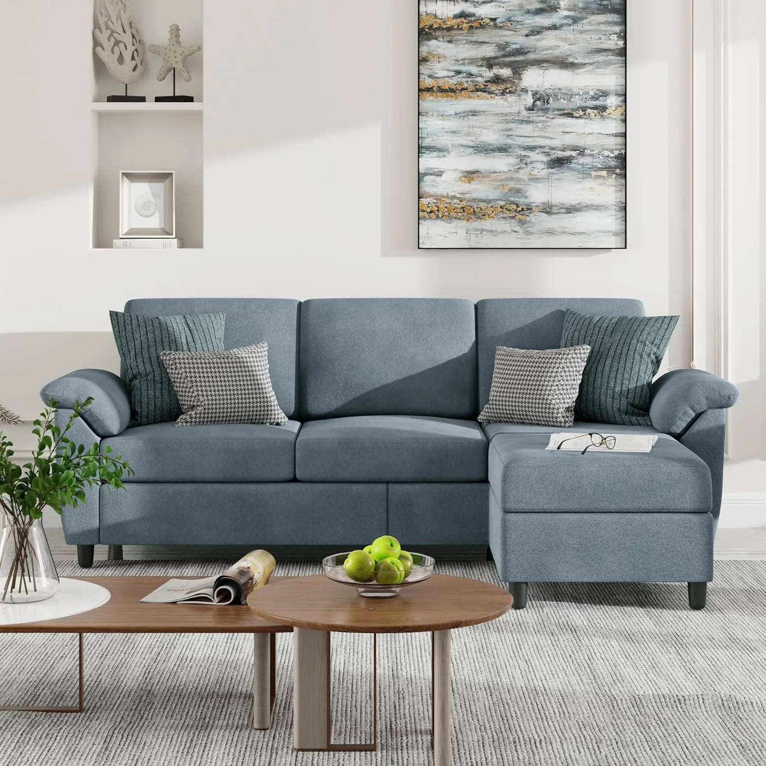 Vongrasig 79" Convertible Sectional Sofa Couch, 3 Seat L Shaped Sofa with Removable Pillows Linen Fabric Small Couch Mid Century for Living Room, Apartment and Office (Gray)