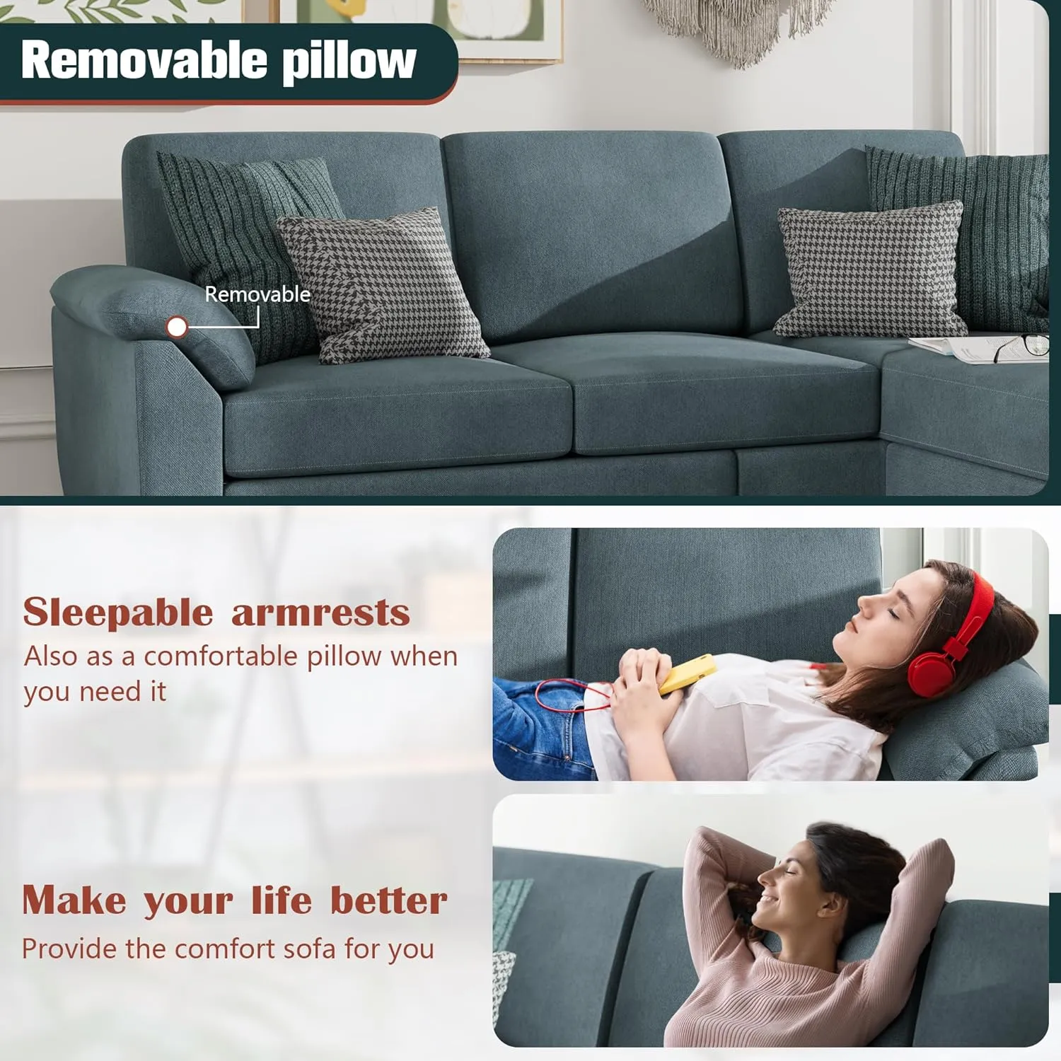 Vongrasig 79" Convertible Sectional Sofa Couch, 3 Seat L Shaped Sofa with Removable Pillows Linen Fabric Small Couch Mid Century for Living Room, Apartment and Office (Gray)