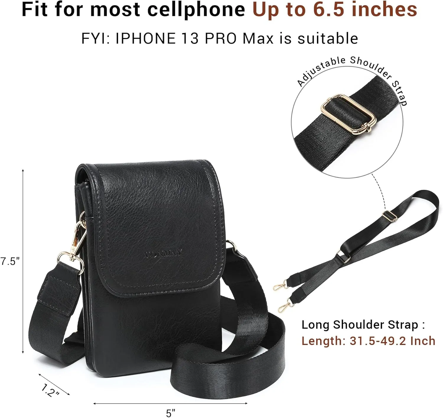 VONMAY Vegan Leather Small Crossbody Bags for Women, 3 Compartment Cell Phone Wallet Purses with Adjustable Guitar Strap