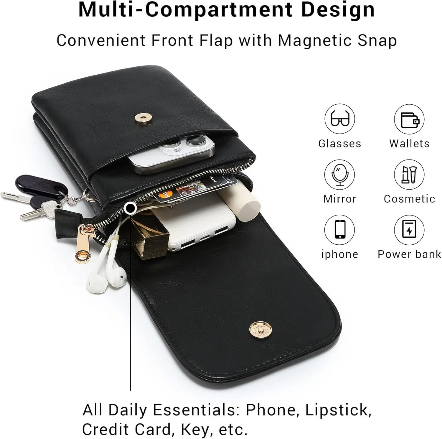 VONMAY Vegan Leather Small Crossbody Bags for Women, 3 Compartment Cell Phone Wallet Purses with Adjustable Guitar Strap