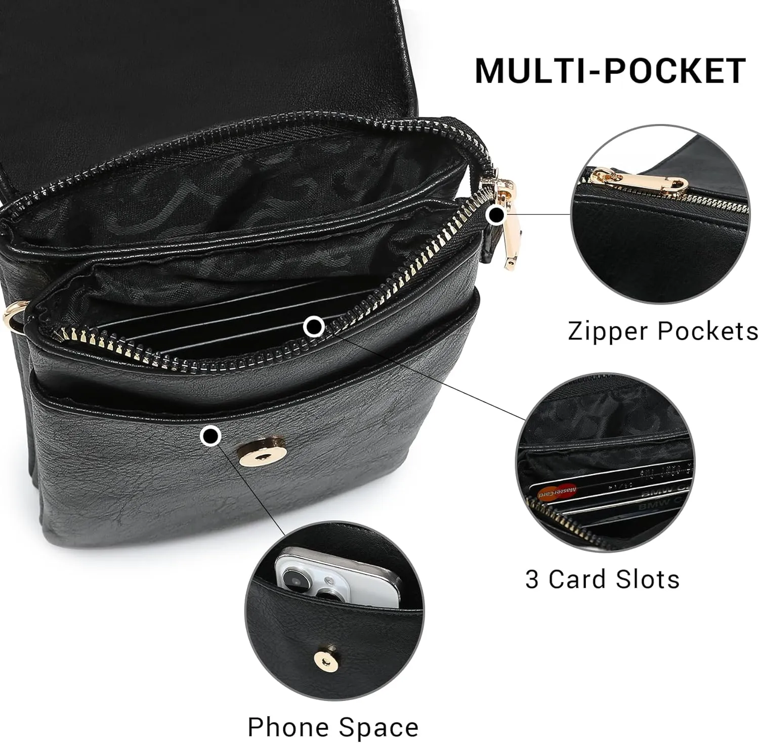 VONMAY Vegan Leather Small Crossbody Bags for Women, 3 Compartment Cell Phone Wallet Purses with Adjustable Guitar Strap