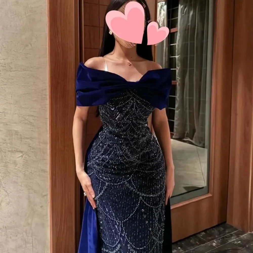 VougeVamp Customized Navy Blue Shawl Velvet Beaded Evening Dress - Off-the-Shoulder Floor-Length Prom Gown