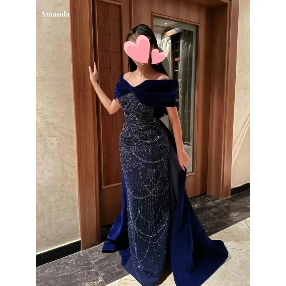 VougeVamp Customized Navy Blue Shawl Velvet Beaded Evening Dress - Off-the-Shoulder Floor-Length Prom Gown