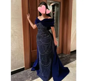 VougeVamp Customized Navy Blue Shawl Velvet Beaded Evening Dress - Off-the-Shoulder Floor-Length Prom Gown