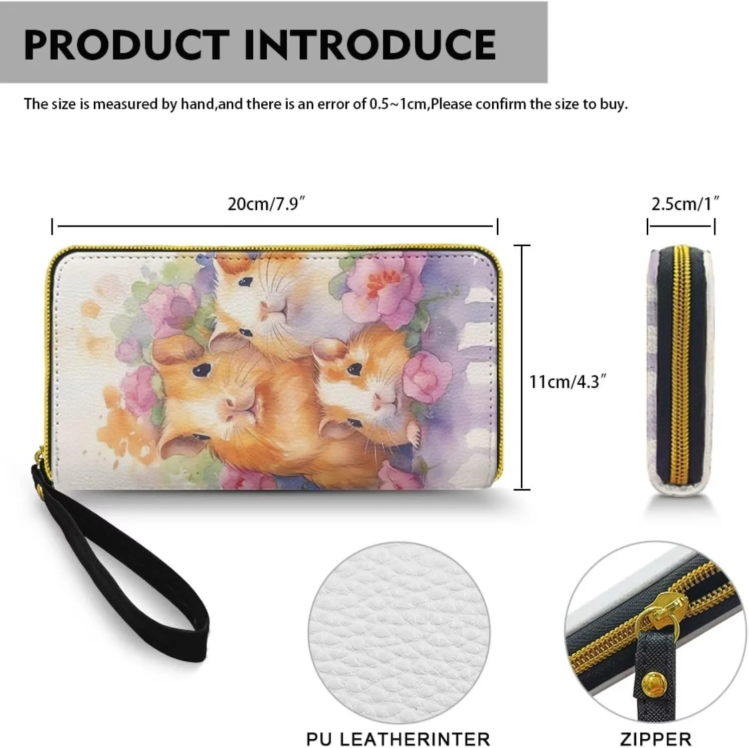 Watercolor Guinea Pigs Women Wallet Zip Around Phone Clutch, Painting Hamster Family Large Cards Holder PU Leather Zipper Wallet with Wristlet
