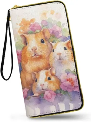 Watercolor Guinea Pigs Women Wallet Zip Around Phone Clutch, Painting Hamster Family Large Cards Holder PU Leather Zipper Wallet with Wristlet
