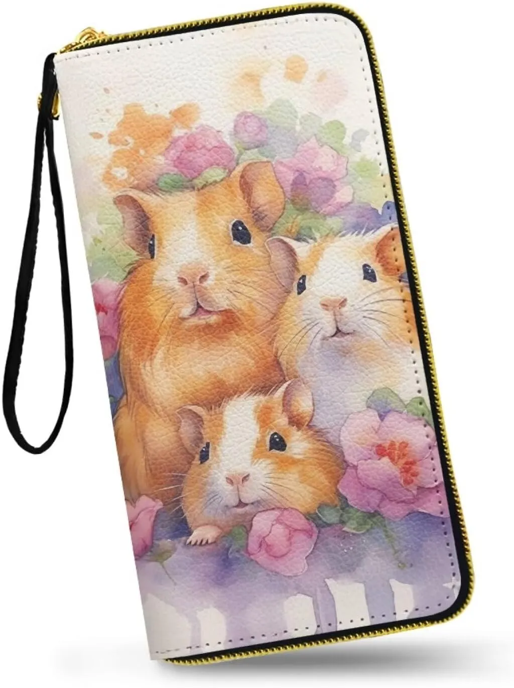 Watercolor Guinea Pigs Women Wallet Zip Around Phone Clutch, Painting Hamster Family Large Cards Holder PU Leather Zipper Wallet with Wristlet