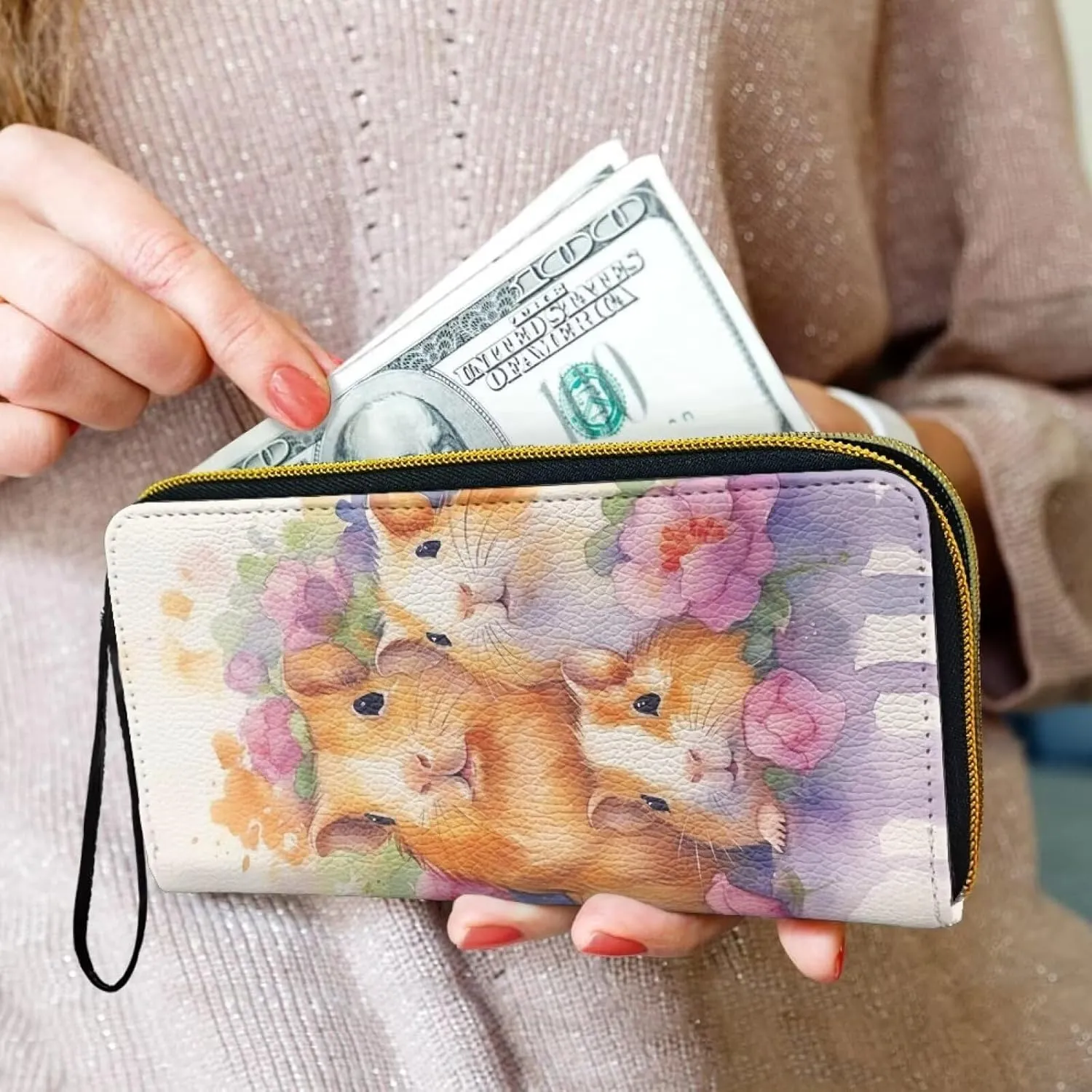 Watercolor Guinea Pigs Women Wallet Zip Around Phone Clutch, Painting Hamster Family Large Cards Holder PU Leather Zipper Wallet with Wristlet