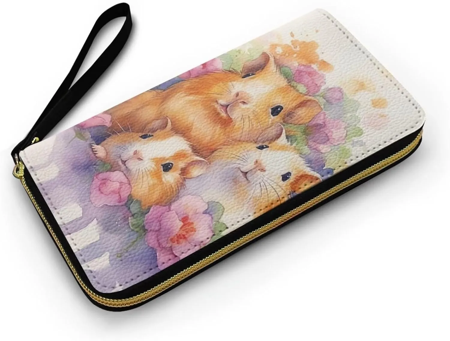 Watercolor Guinea Pigs Women Wallet Zip Around Phone Clutch, Painting Hamster Family Large Cards Holder PU Leather Zipper Wallet with Wristlet