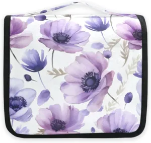 Watercolor Purple Anemone Flower Travel Toiletry Bag with Hanging Hook Foldable Makeup Bag Waterproof Cosmetic Bag for Bathroom Women Men Cruise