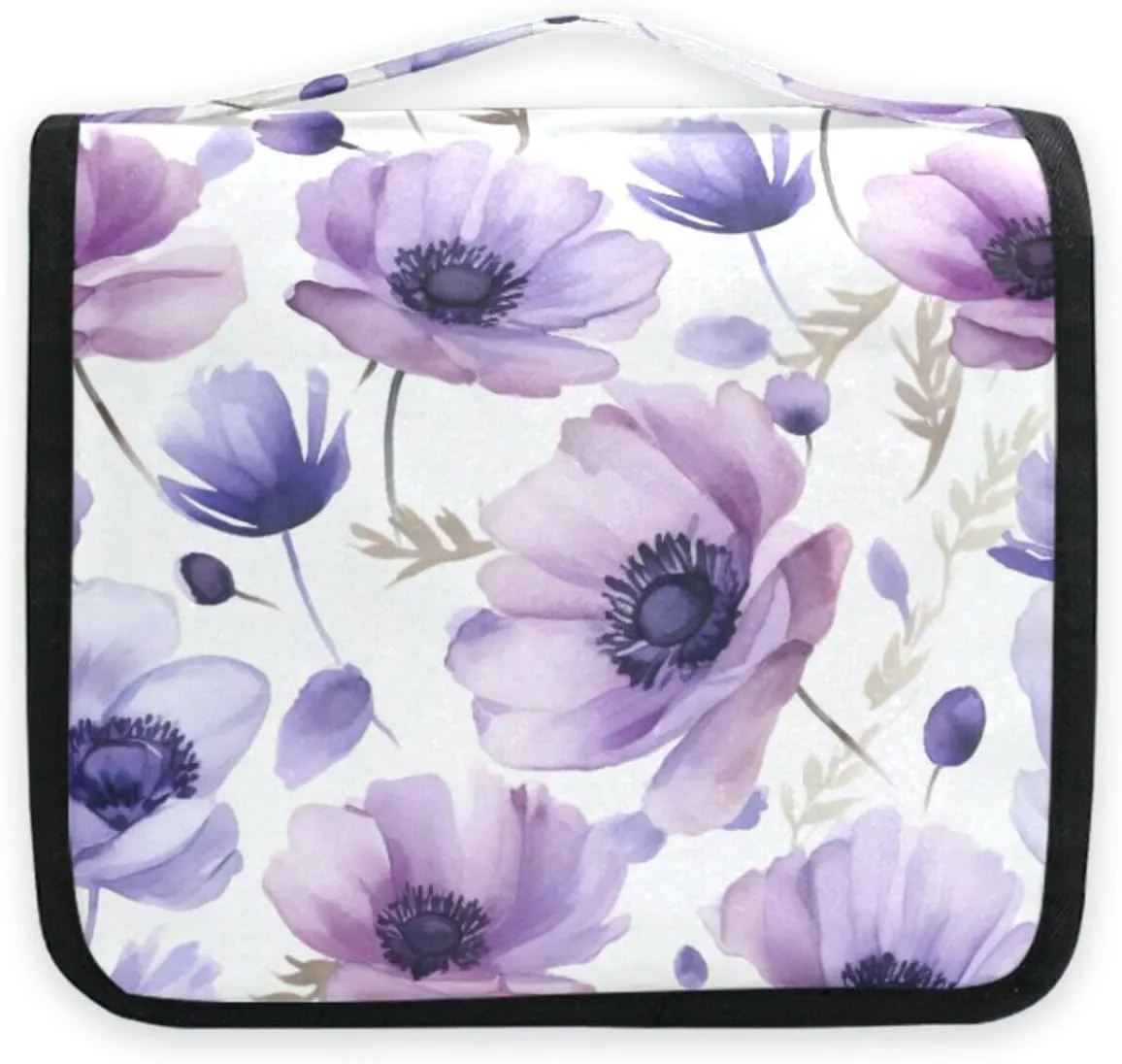 Watercolor Purple Anemone Flower Travel Toiletry Bag with Hanging Hook Foldable Makeup Bag Waterproof Cosmetic Bag for Bathroom Women Men Cruise