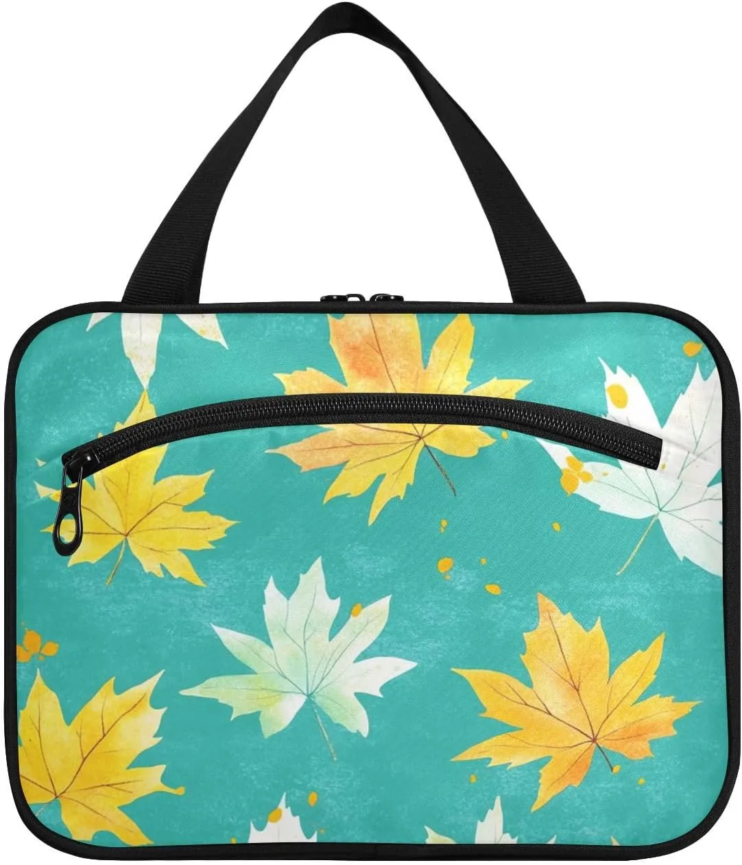 Watercolor White Yellow Maple Leaves Turquoise hanging large make up bag with hook, designer accessories make up bag for travel must haves bathroom maletín para maquillaje M