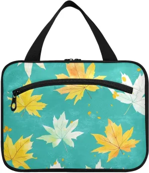 Watercolor White Yellow Maple Leaves Turquoise hanging large make up bag with hook, designer accessories make up bag for travel must haves bathroom maletín para maquillaje M