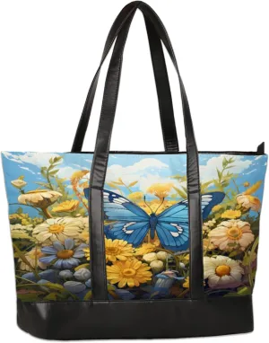 Watercolour Flower Butterfly Laptop Tote Bag for Women Lightweight Work Purse with Multiple Compartments Fits 13-15.6 Inch Laptop Tablet Shoulder Bag for Office Travel Daily Use