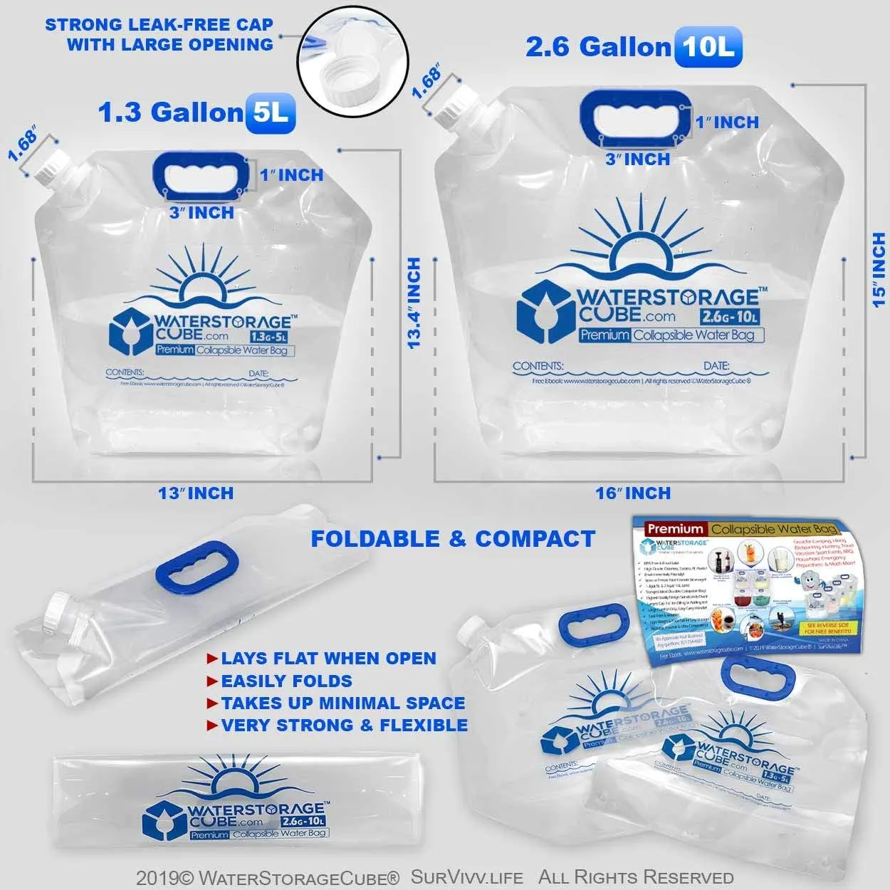 WaterStorageCube Premium Collapsible Water Container Bag, BPA Free Food Grade Clear Plastic Storage Jug for Camping Hiking Backpack Emergency, No-Leak Freezable Foldable Water Bottle 1.3/2.6 Gallon