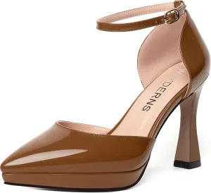 WAYDERNS Womens Fashion Platform Ankle Strap Pointed Toe Patent Party Buckle Spool High Heel Pumps Shoes 4 Inch