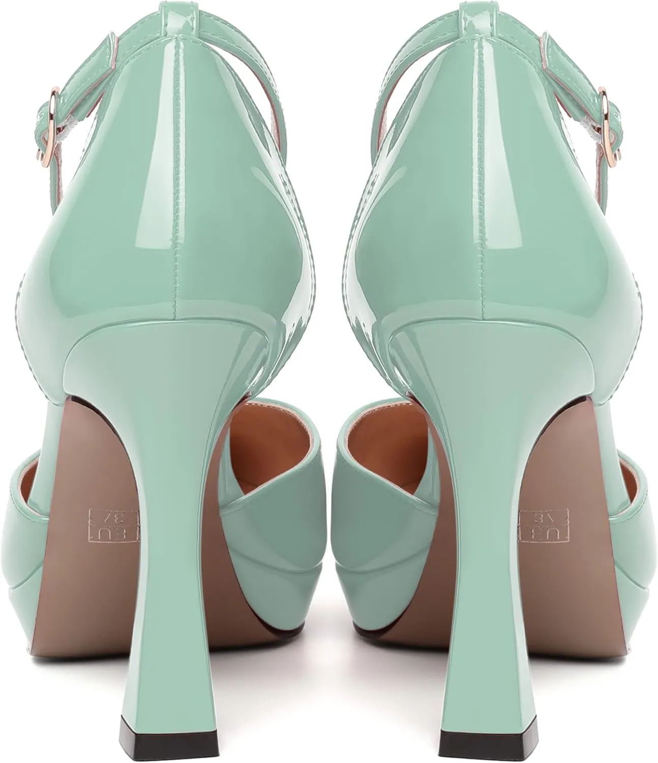 WAYDERNS Womens Fashion Platform Ankle Strap Pointed Toe Patent Party Buckle Spool High Heel Pumps Shoes 4 Inch