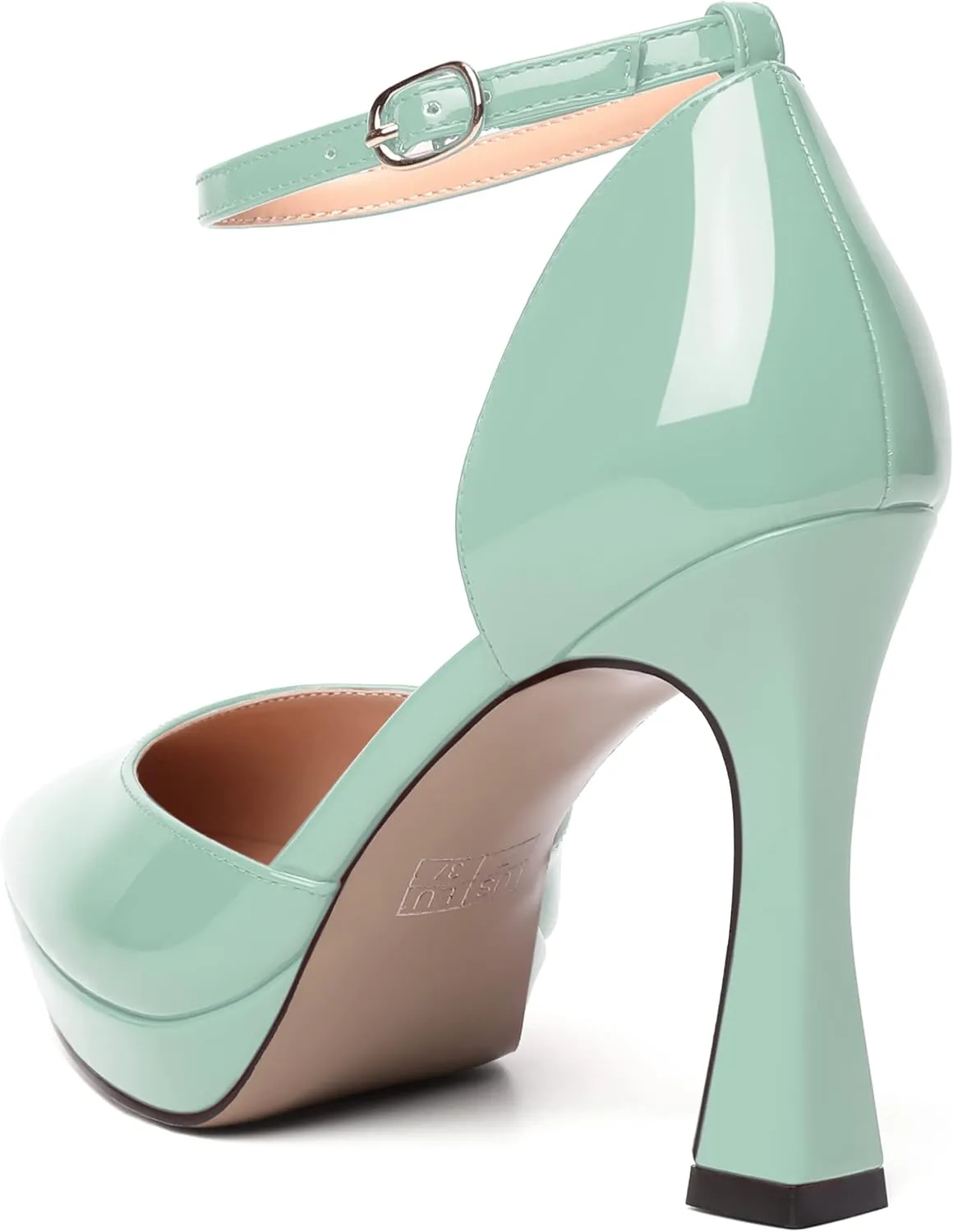 WAYDERNS Womens Fashion Platform Ankle Strap Pointed Toe Patent Party Buckle Spool High Heel Pumps Shoes 4 Inch