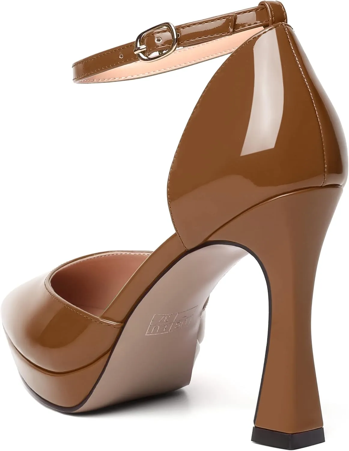 WAYDERNS Womens Fashion Platform Ankle Strap Pointed Toe Patent Party Buckle Spool High Heel Pumps Shoes 4 Inch
