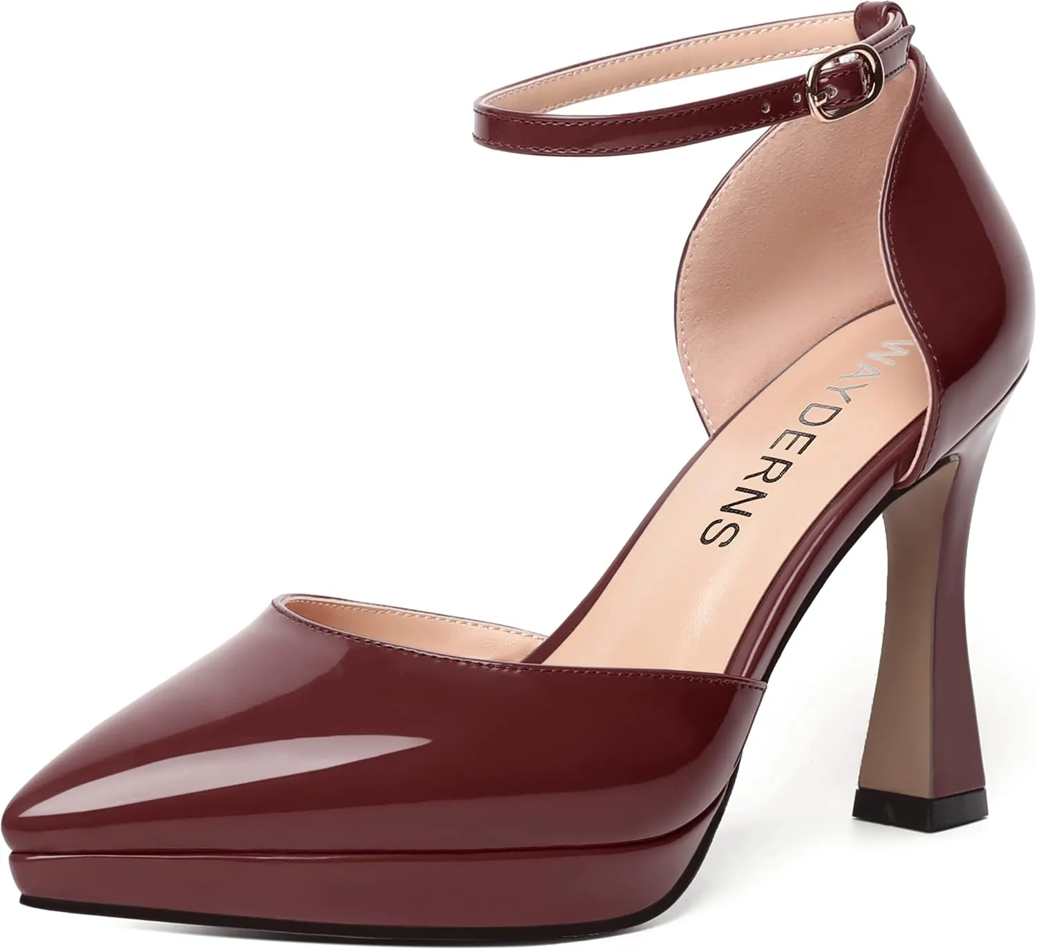 WAYDERNS Womens Fashion Platform Ankle Strap Pointed Toe Patent Party Buckle Spool High Heel Pumps Shoes 4 Inch