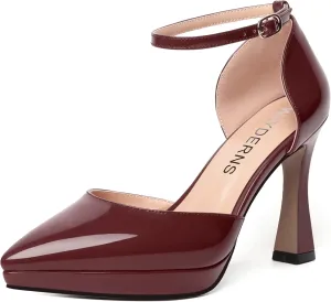WAYDERNS Womens Fashion Platform Ankle Strap Pointed Toe Patent Party Buckle Spool High Heel Pumps Shoes 4 Inch