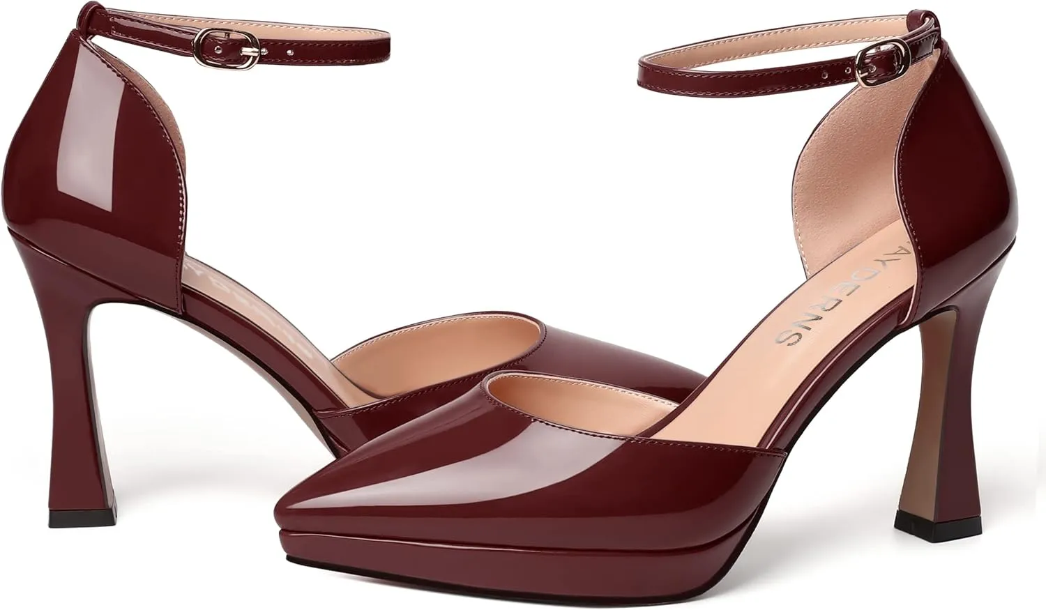 WAYDERNS Womens Fashion Platform Ankle Strap Pointed Toe Patent Party Buckle Spool High Heel Pumps Shoes 4 Inch