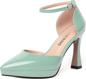 WAYDERNS Womens Fashion Platform Ankle Strap Pointed Toe Patent Party Buckle Spool High Heel Pumps Shoes 4 Inch