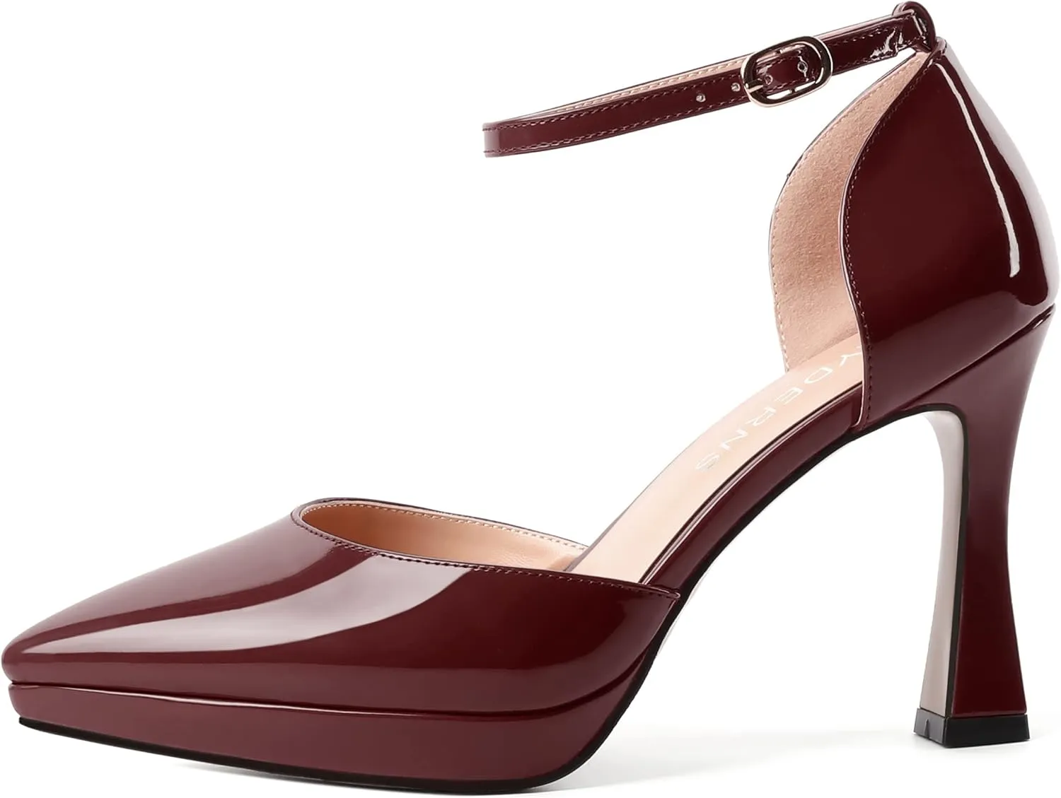WAYDERNS Womens Fashion Platform Ankle Strap Pointed Toe Patent Party Buckle Spool High Heel Pumps Shoes 4 Inch