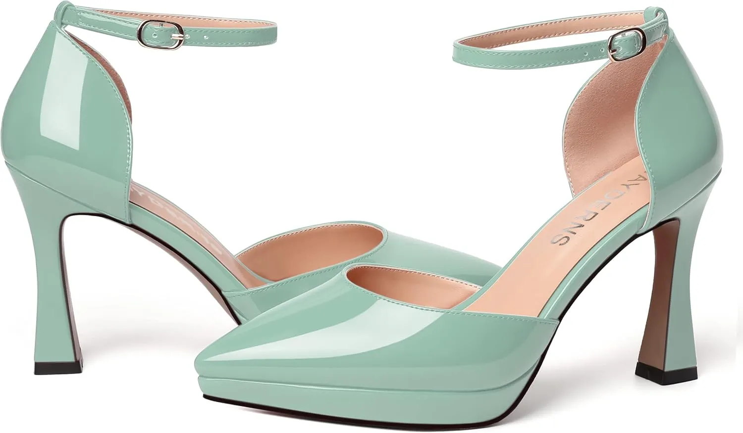 WAYDERNS Womens Fashion Platform Ankle Strap Pointed Toe Patent Party Buckle Spool High Heel Pumps Shoes 4 Inch